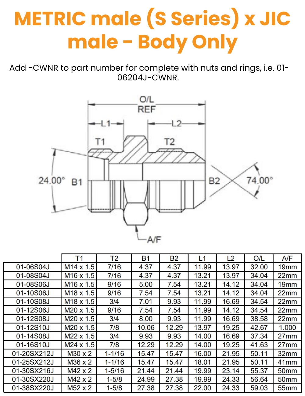 M14 (6S) x 7/16 JIC M/M - Body Only Hydraulic Adaptor